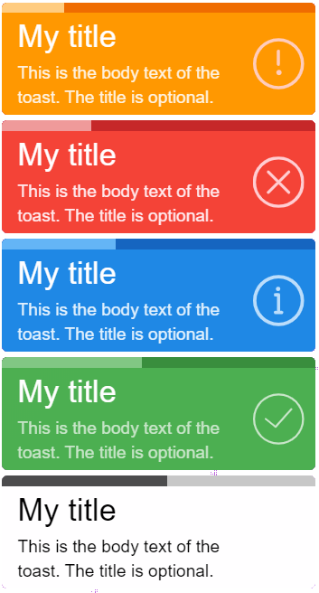 green = success / blue = info / red = error / orange = warning